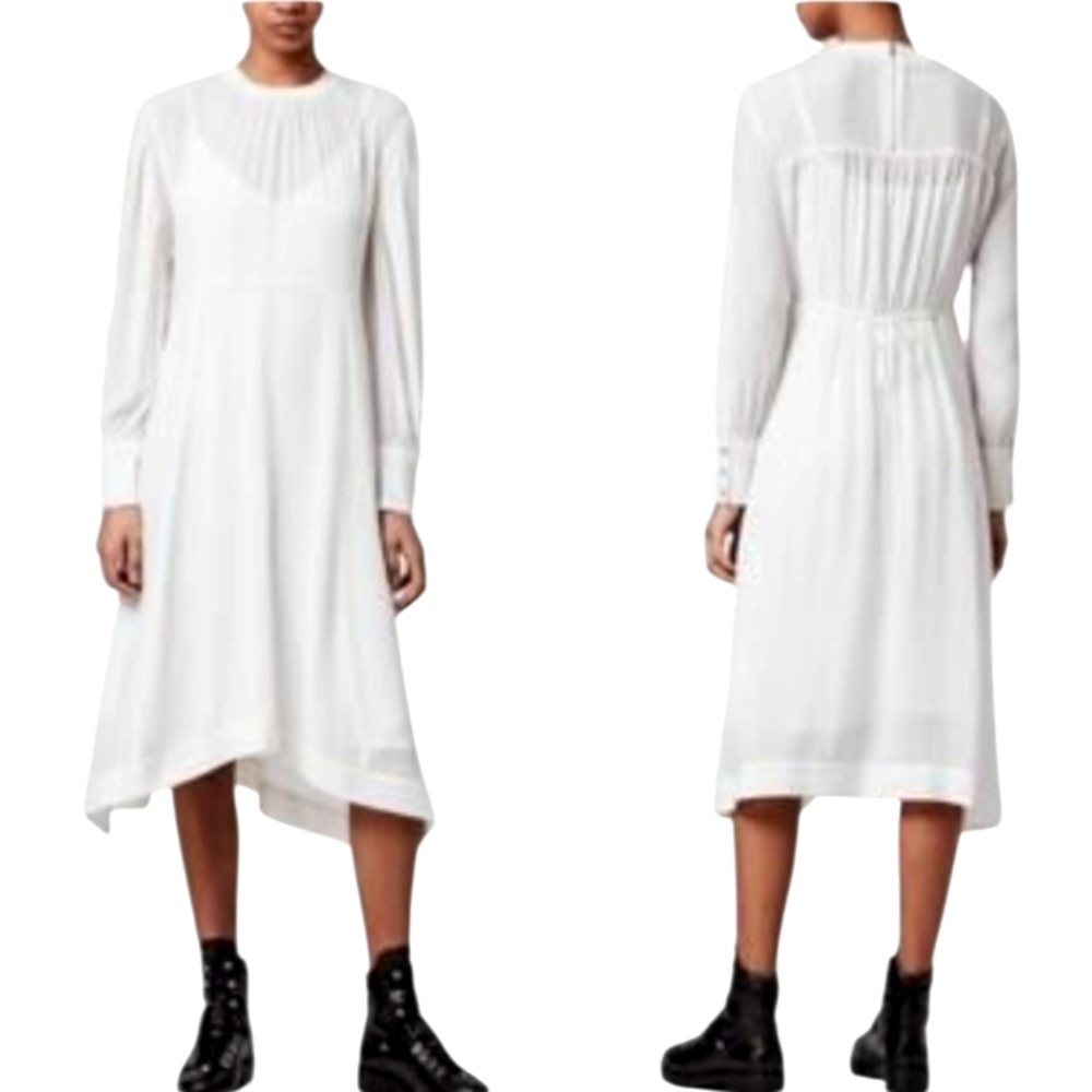 All Saints Ivory White Fayre Longsleeve Crew Neck Flowy Unlined Midi Dress